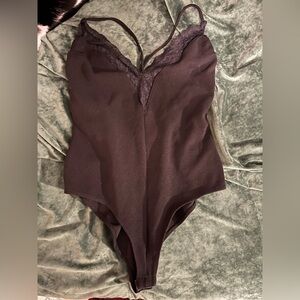 Lace Trim Women's Deep V Bodysuit in Black